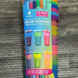 NEW Manna Set of 12 Color Changing Tumblers w/ Lid & Straw 24 Oz Reusable Cups